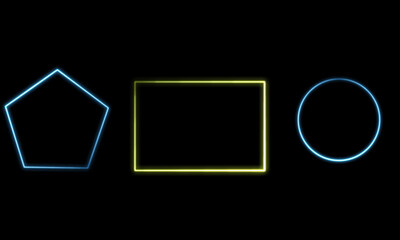 Three geometric shapes pentagon square and circle outlined in neon light