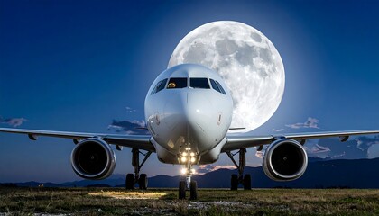 Airplane on Runway at Night with Full Moon