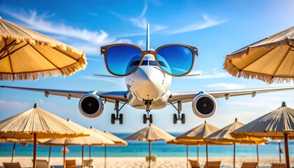 Airplane with Sunglasses Approaching Tropical Beach for Vacation Travel