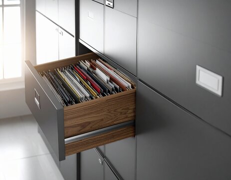 Open Filing Cabinet Drawer Filled with Files and Folders in a Modern Office

