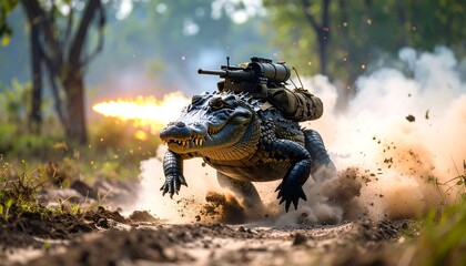 Alligator Firing Weapon in a Forest Scene with Explosions and Smoke