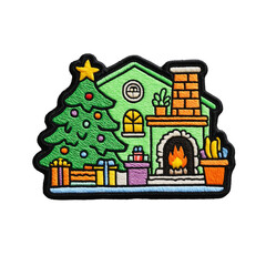 Embroidered Christmas scene with a decorated tree gifts and a fireplace inside a cozy house