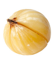 Close-up of a pale yellow, round nut, halved