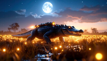 Alligator Walking Across a Glowing Field Under a Full Moon
