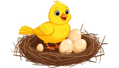 Adorable Cartoon Bird Sitting in a Nest with Eggs on White Background