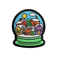 Fototapeta premium Embroidered patch depicting a whimsical winter village scene inside a snow globe