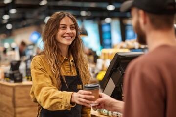 A friendly barista hands a cup of coffee to a customer at a bustling caf in the morning. The atmosphere is lively with customers enjoying their drinks
