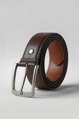 Elegant brown leather belt with silver buckle on display