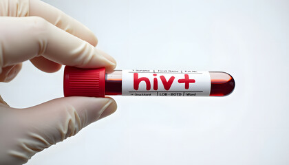 Obraz premium HIV+ blood sample in a test tube held by a gloved hand.