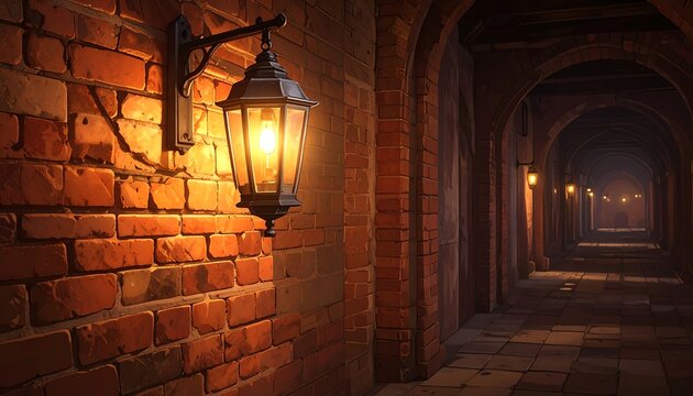 An illuminated brick hallway with arches and a vintage wall lamp - Powered by Adobe