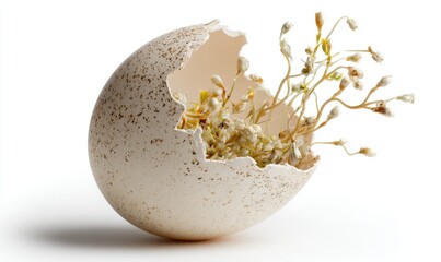 Eggshell with plant growth, representing new life and emergence.