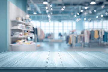 Fototapeta premium Blurred retail store interior with wooden table surface in focus