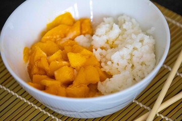 Mango sticky rice This Thai dessert of glutinous sticky rice, seasoned with salty-sweet coconut milk and served with tender, fragrant slices of mango, will be irresistible.
