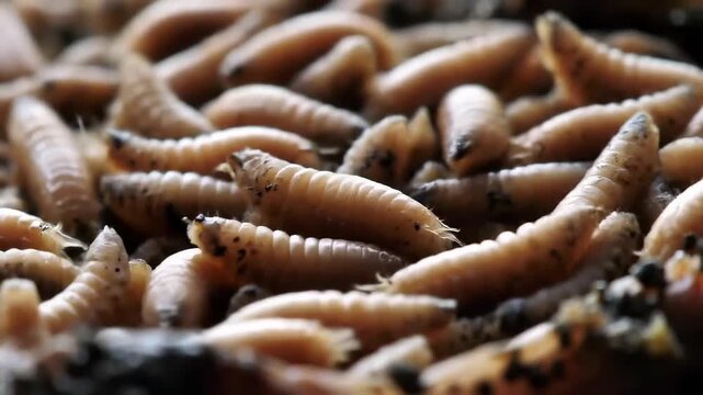 A close-up, high-angle view of a dense cluster of maggots