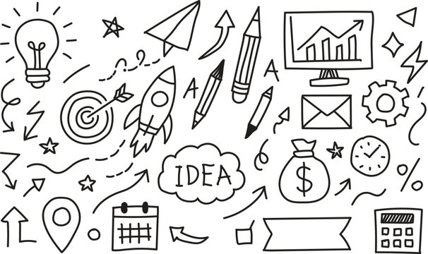 Business strategy and startup doodle illustration with idea light bulb, rocket launch, target, analytics chart and marketing icons