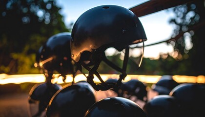 Black Helmets Displayed Outdoors with Natural Lighting