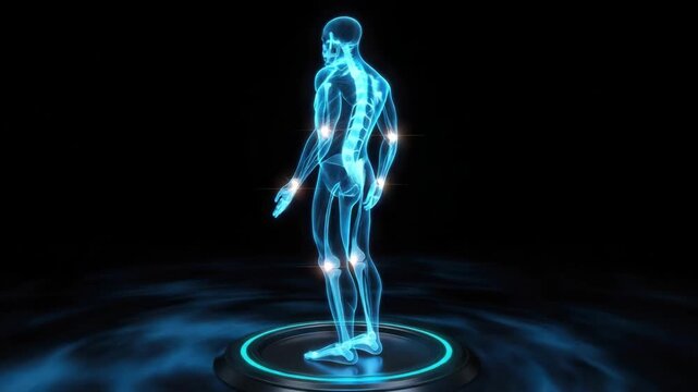 Futuristic blue human anatomy model with glowing joints on a dark platform