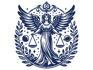 Fototapeta premium Mystical, Elegant and celestial Libra Zodiac Sign Goddess with Scales of Justice and Astrological Elements, Line art and Silhouette illustration
