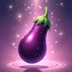 Vector art of a vibrant eggplant with magical sparkles floating around it on purple background