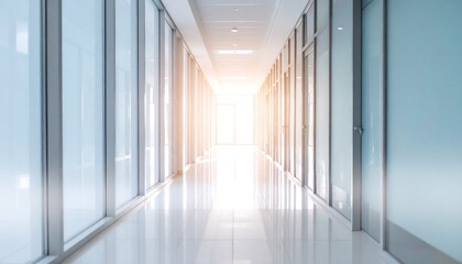 Bright Office Corridor with Glass Walls and Sunlight