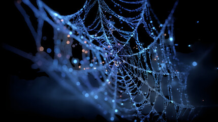 Stunning abstract digital art of a glowing blue spiderweb adorned with sparkling lights, perfect for tech and science themes. Perfect for Halloween Designs