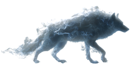 Dynamic wolf silhouette composed of ethereal mist and smoke, embodying wild spirit and elemental power for fantasy and nature themes.. Perfect for Halloween Designs