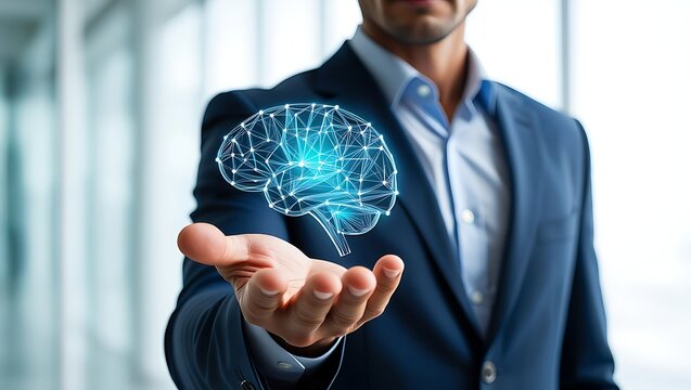 Businessman holding a glowing digital brain in his palm representing artificial intelligence innovation and future technology concepts in a modern office environment - Powered by Adobe