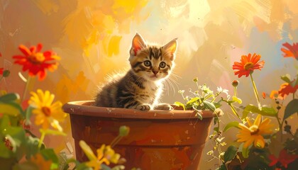 Adorable Kitten in a Flower Pot Amidst Blooming Flowers and Sunshine