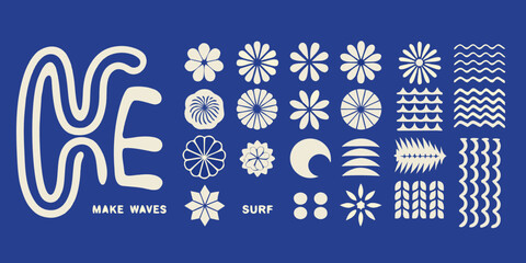 Abstract graphic design with stylized floral shapes wave patterns and text make waves surf
