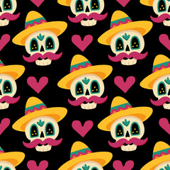 Day of the Dead skulls with sombreros seamless pattern on black background. Colorful Day of the Dead Background with Ornate Skulls and Vibrant pink hearts.