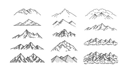 Line sketch of mountains and hills set. Engraving style, logo. Simple vector illustration