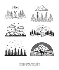 Mountains landscape set. Deer in front of the mountain ridge. Vector line drawing. Starry sky in forest, . Sketch label