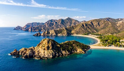 Aerial view of a beautiful coastal landscape with mountains and turquoise waters
