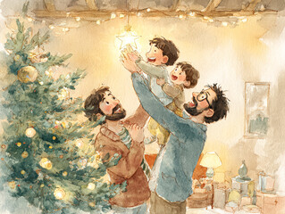 Family celebrating Christmas, decorating tree with star, joyful atmosphere and warm lights