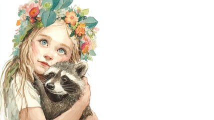 Obraz premium Whimsical Watercolor Illustration of Girl Holding Raccoon with Floral Crown