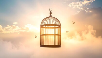 Cage Against a Sunny Sky with Birds Flying Free