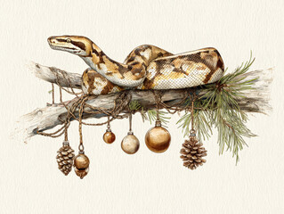 Colorful snake resting on a branch adorned with Christmas ornaments and pine branches