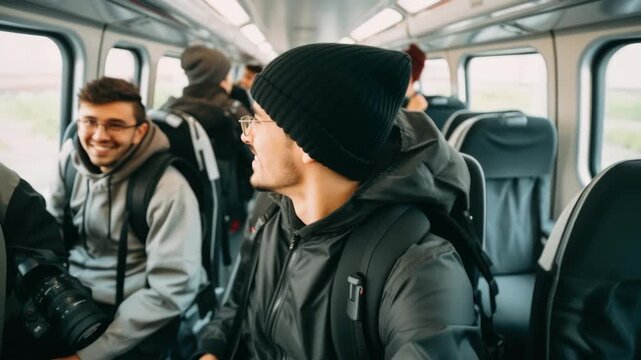 Casual video-style shot inside a train, capturing a smiling traveler in a beanie from a front-facing angle, with passengers in the background.