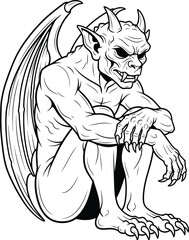 Fototapeta premium Detailed line art of a seated gargoyle with wings and horns