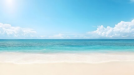 Fototapeta premium Serene Beach Landscape, Turquoise Ocean, White Sand, Blue Sky