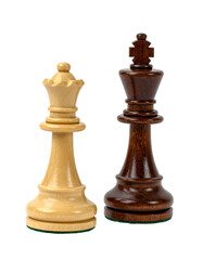 Two chess pieces, a light-colored queen and a dark-colored king, stand side-by-side against a plain black background
