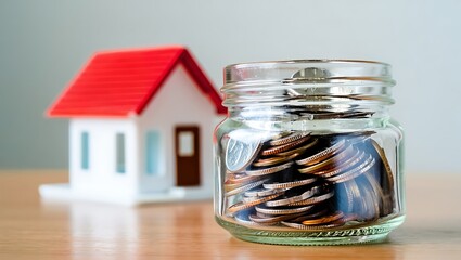 A glass jar filled with coins sits on a wooden table in front of a small white house with a red roof symbolizing saving for a home