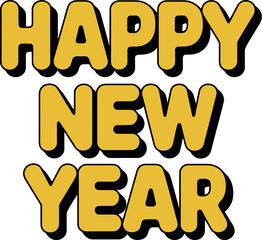 Happy new year text in yellow block letters with black shadow on a white background