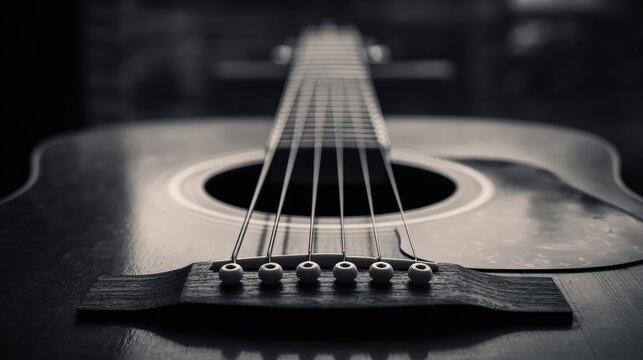 Close up view of acoustic guitar capturing strings and body in black and white