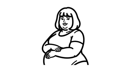 Confident plus size woman with a warm smile and arms crossed, embodying self acceptance and body positivity in a simple, modern line art style.
