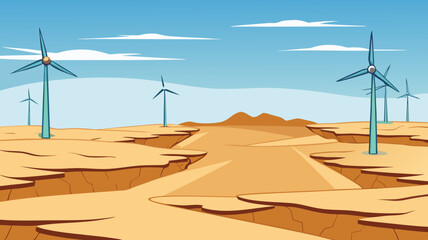 Eroded farmland with wind turbines under clear blue sky  