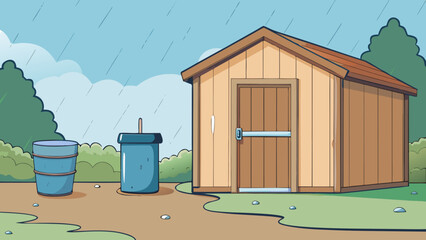 Wooden garden shed with rain and trash bins in green backyard  