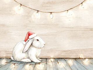 White rabbit wearing Santa hat with fairy lights for festive Christmas and New Year celebration
