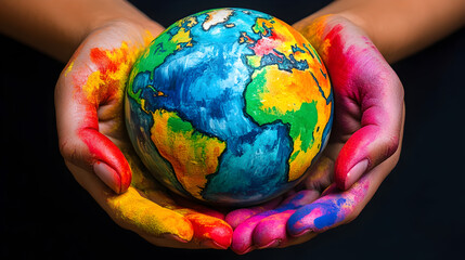 Colorful painted hands holding earth globe world kindness day background,generative ai