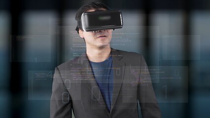 A businessman wearing a virtual reality headset stands in a modern office, immersed in digital data and code, showcasing innovation and the future of technology. Raster